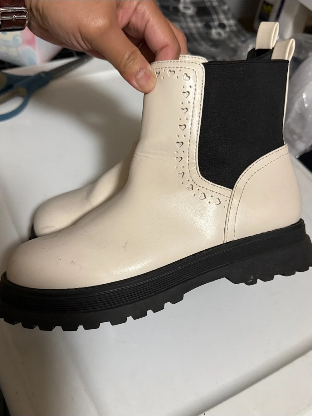 INC International Concepts Cream Chelsea Lug Booties with Heart Punch Detail